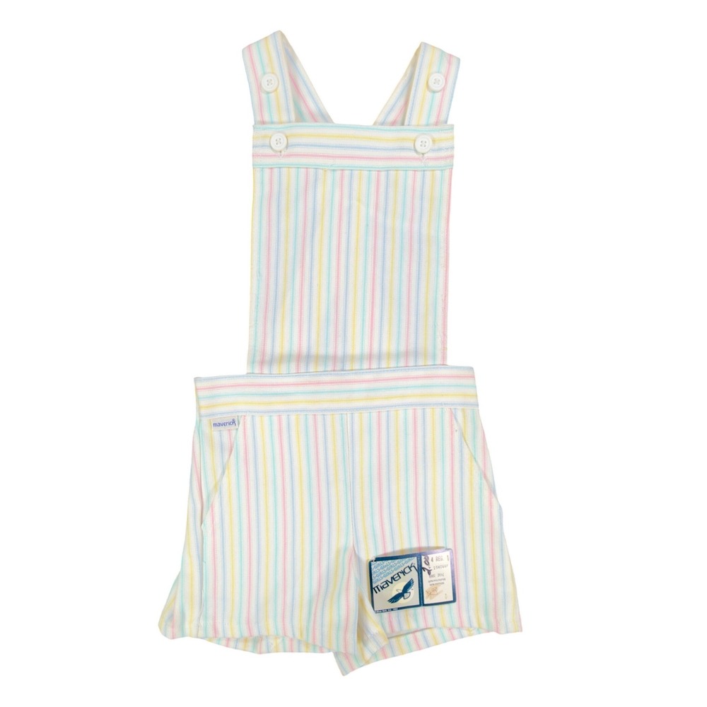 Maverick Vintage 80s Striped Shortalls Girls 4 Reg White Pastel NWT Deadstock